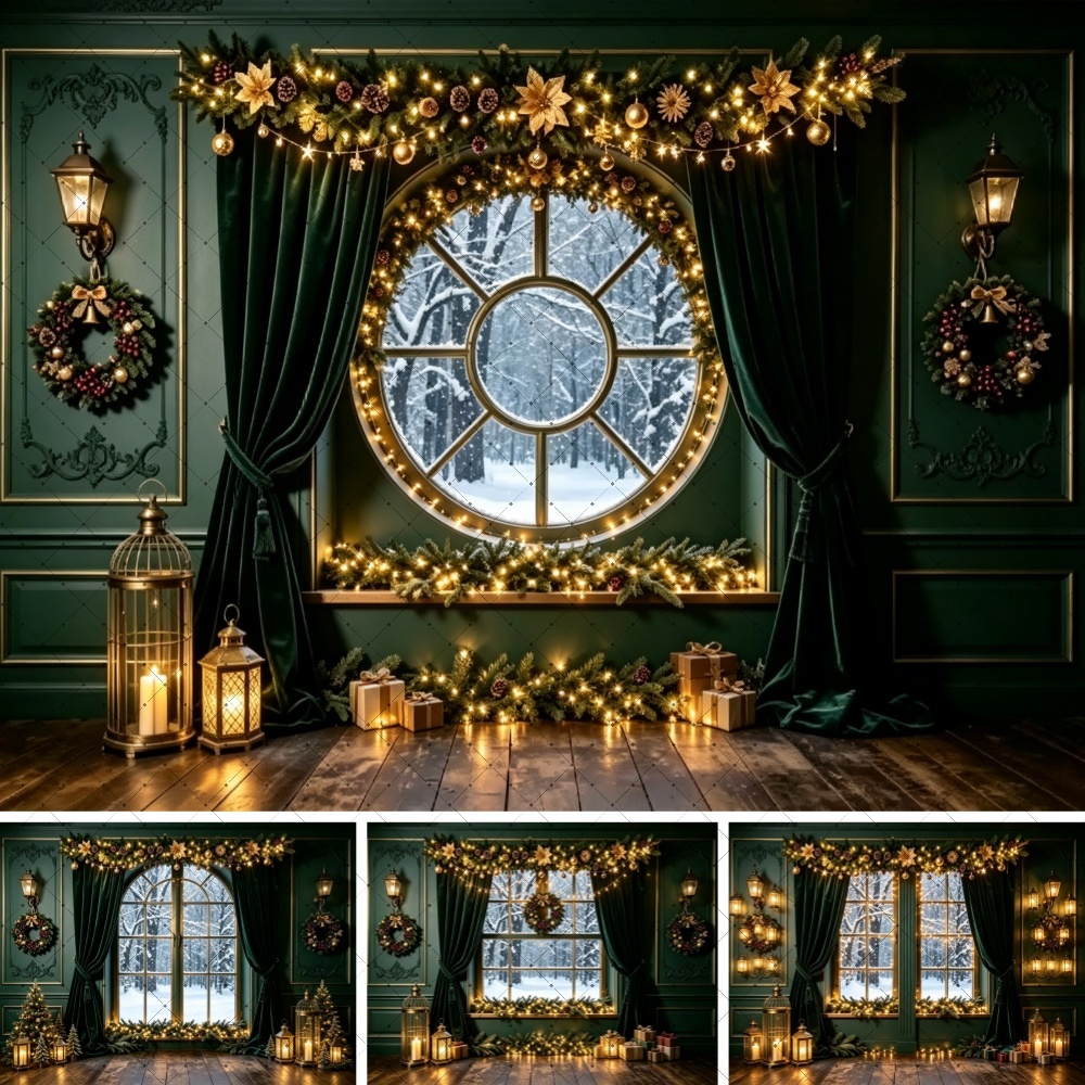 Photography Lighting Portrait - クリスマスグリーンの窓辺の風景背景幕、クリスマスライトのリース、ギフト、写真背景、ホリデー、ファミリーポートレート撮影用装飾小道具