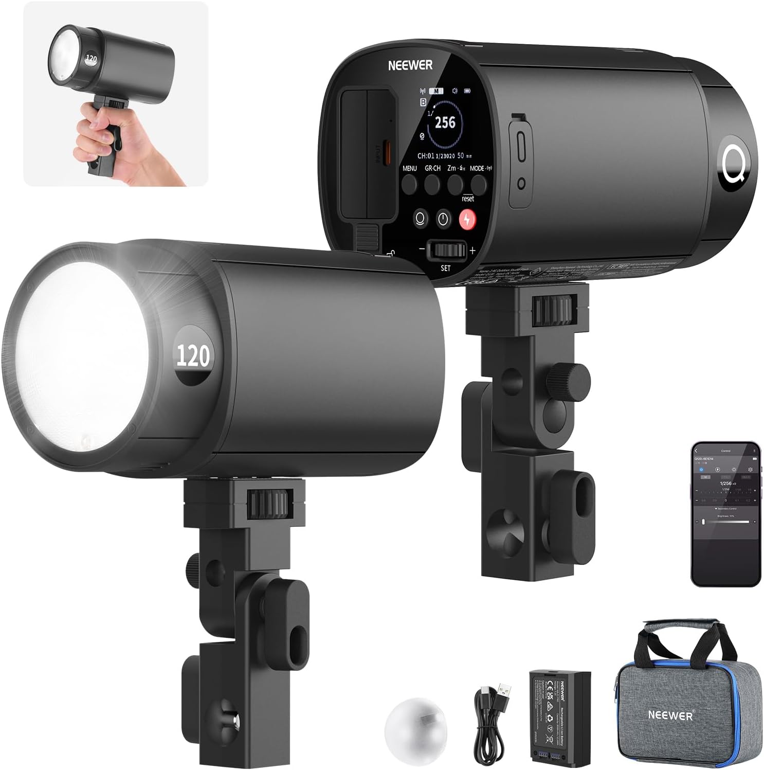 Portable Strobe Monolight - NEEWER 120Ws 2.4G TTL屋外ストロボフラッシュ、Godox対応、1/8000秒HSSポータブルスタジオモノライト（モデリングライト付き）