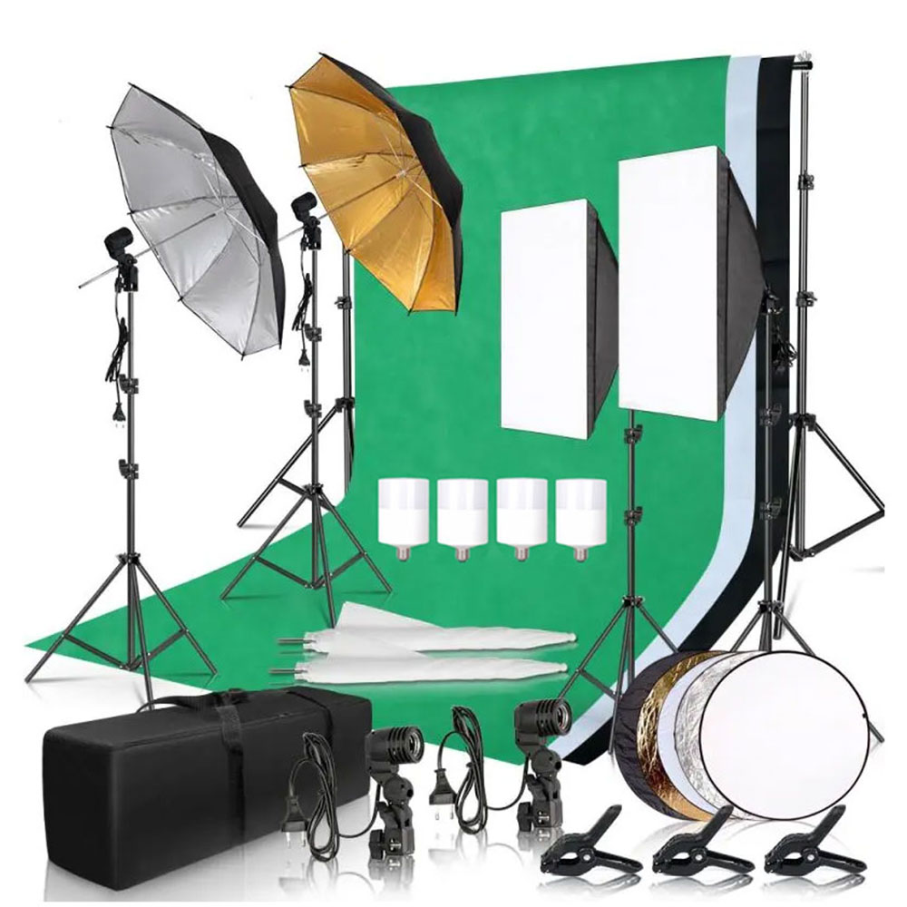 Photography Lighting Uk - 写真撮影用ソフトボックス照明キット、2.6x3m背景フレーム、3枚の背景布、三脚スタンド、反射板、4つの傘付き