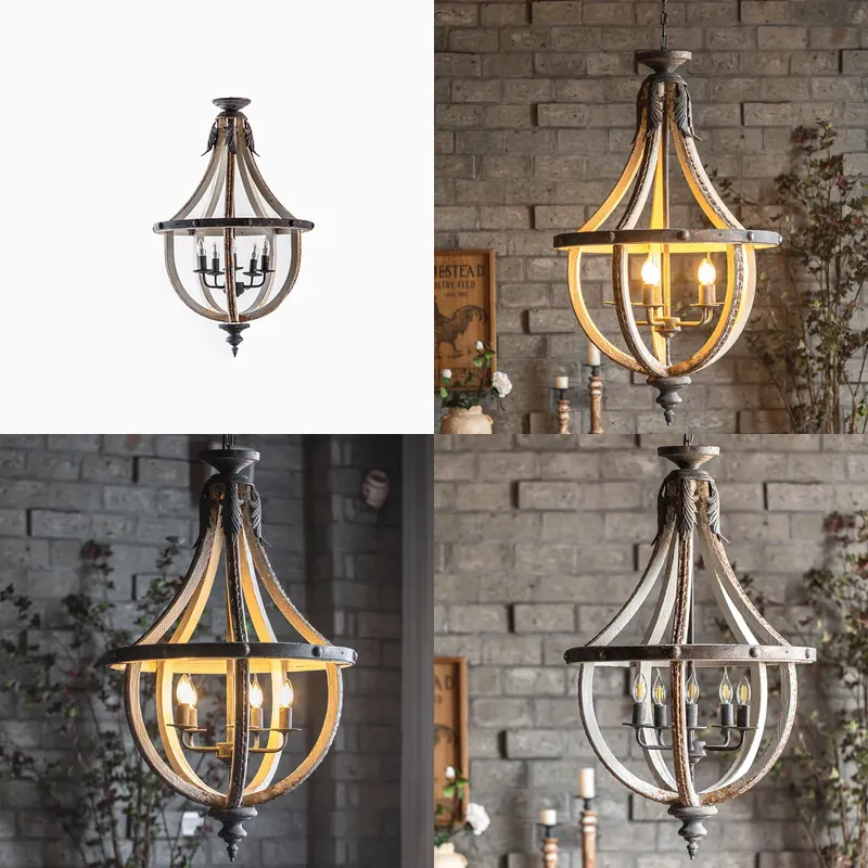 ヴィンテージ錬鉄製シャンデリア、無垢材のアクセント付きレトロ - Lighting Glass Photography のレビューと価格